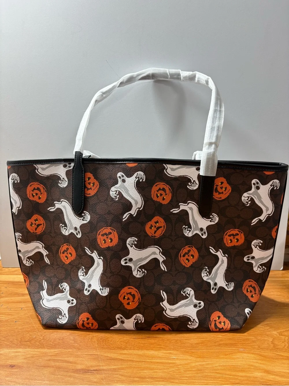 Coach Ghost & Pumpkin Print Tote Bag - Brown/Orange/White